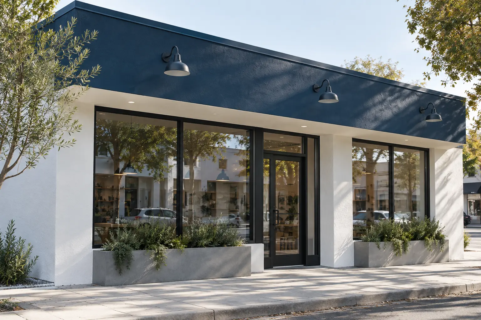 Small business exterior with freshly painted navy fascia and warm-white stucco