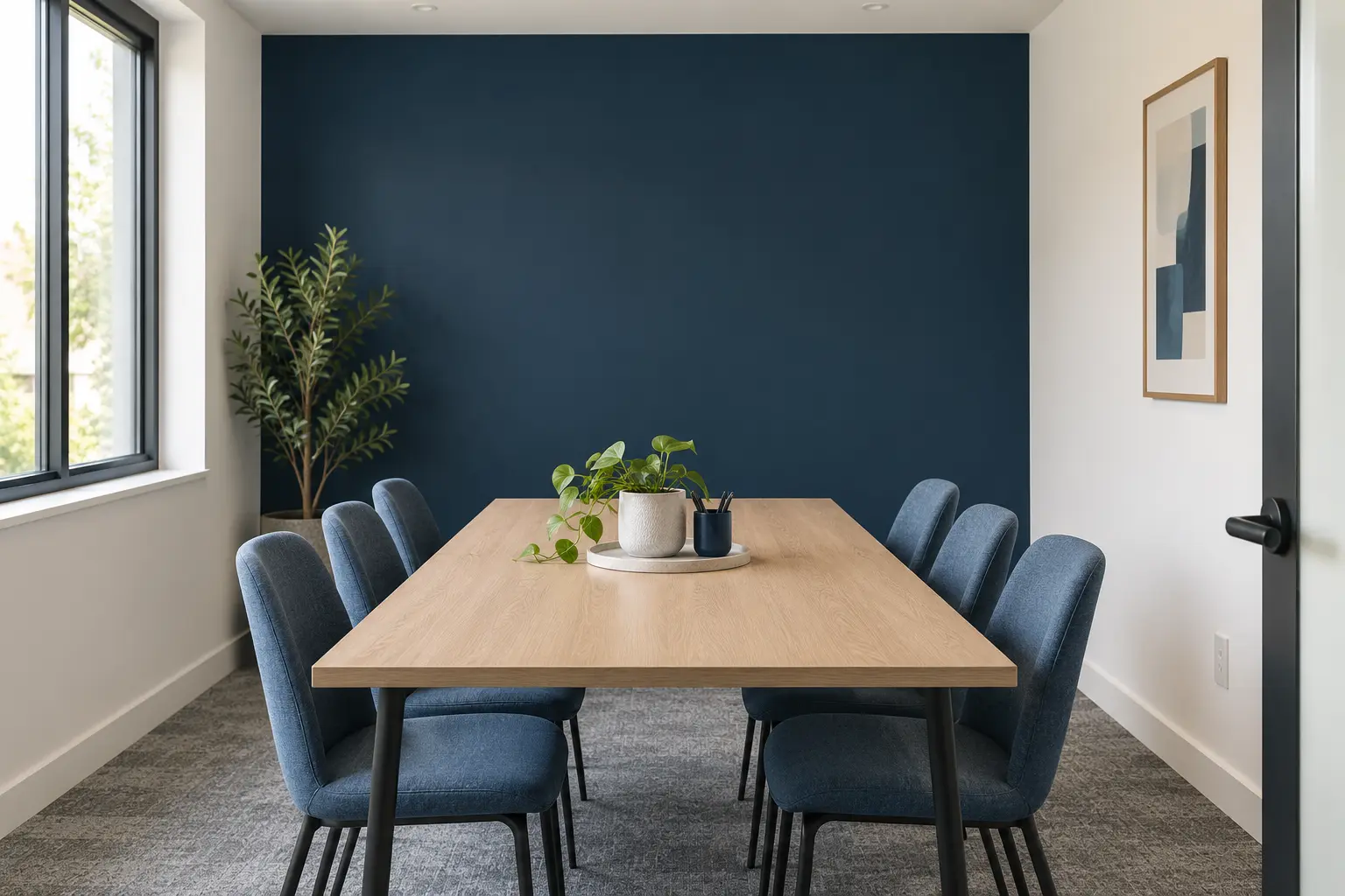 Freshly repainted small office meeting room with a navy accent wall