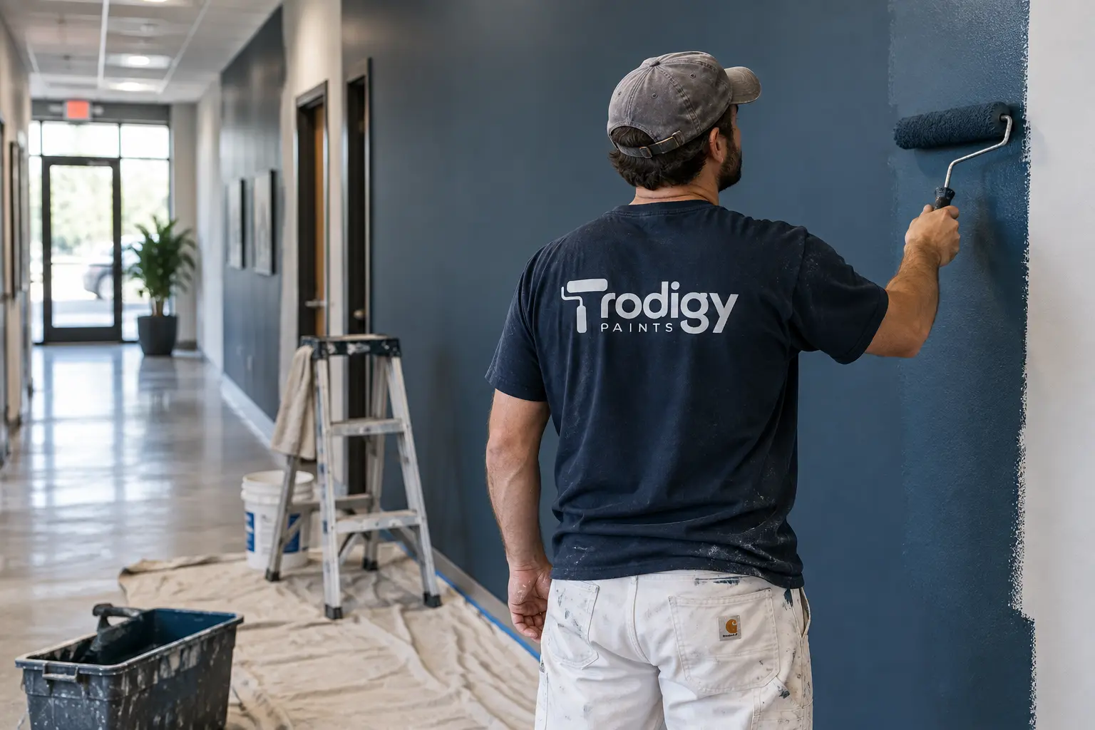Painter rolling a wall in a masked commercial corridor