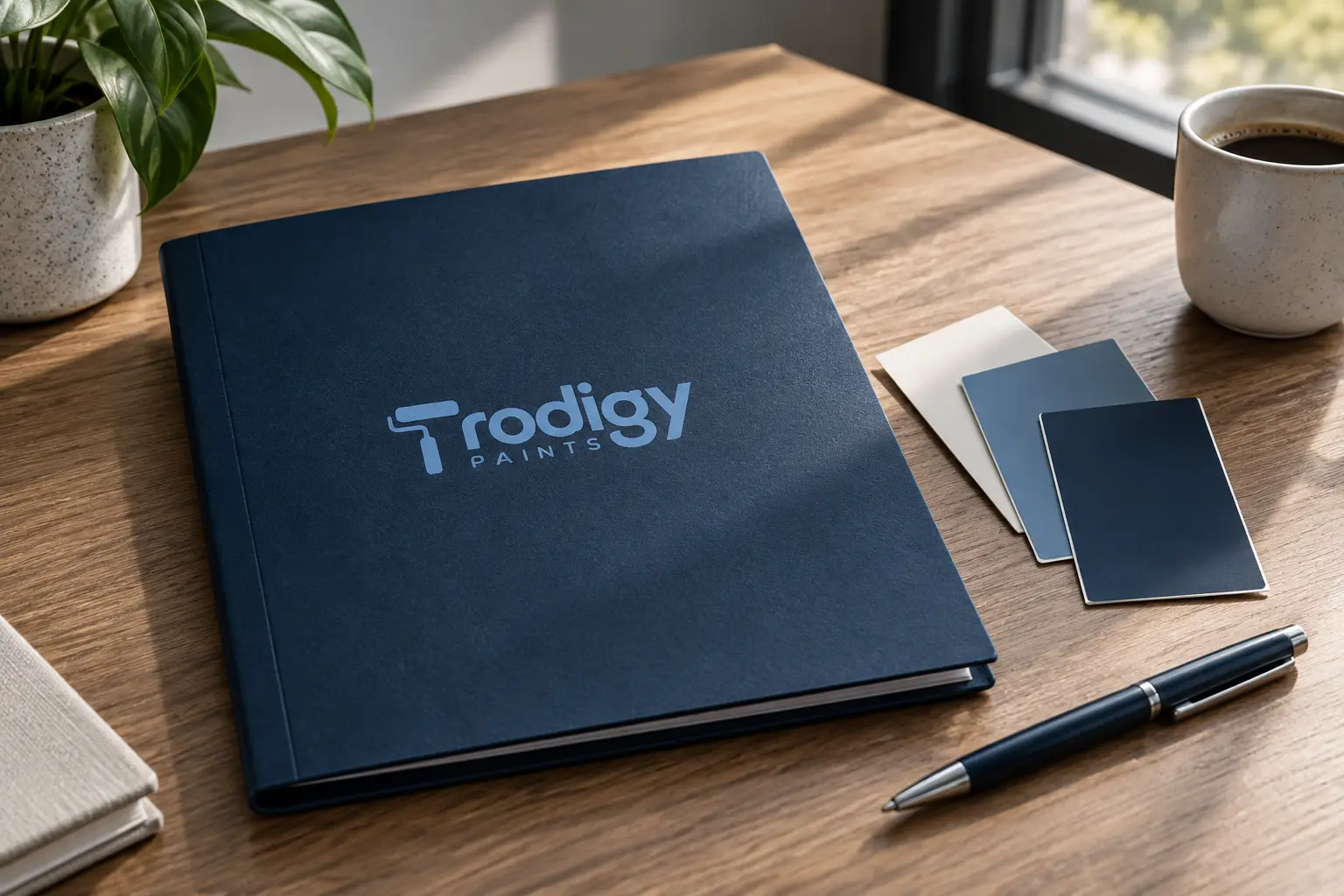 Navy project folder, pen and paint samples on an office desk