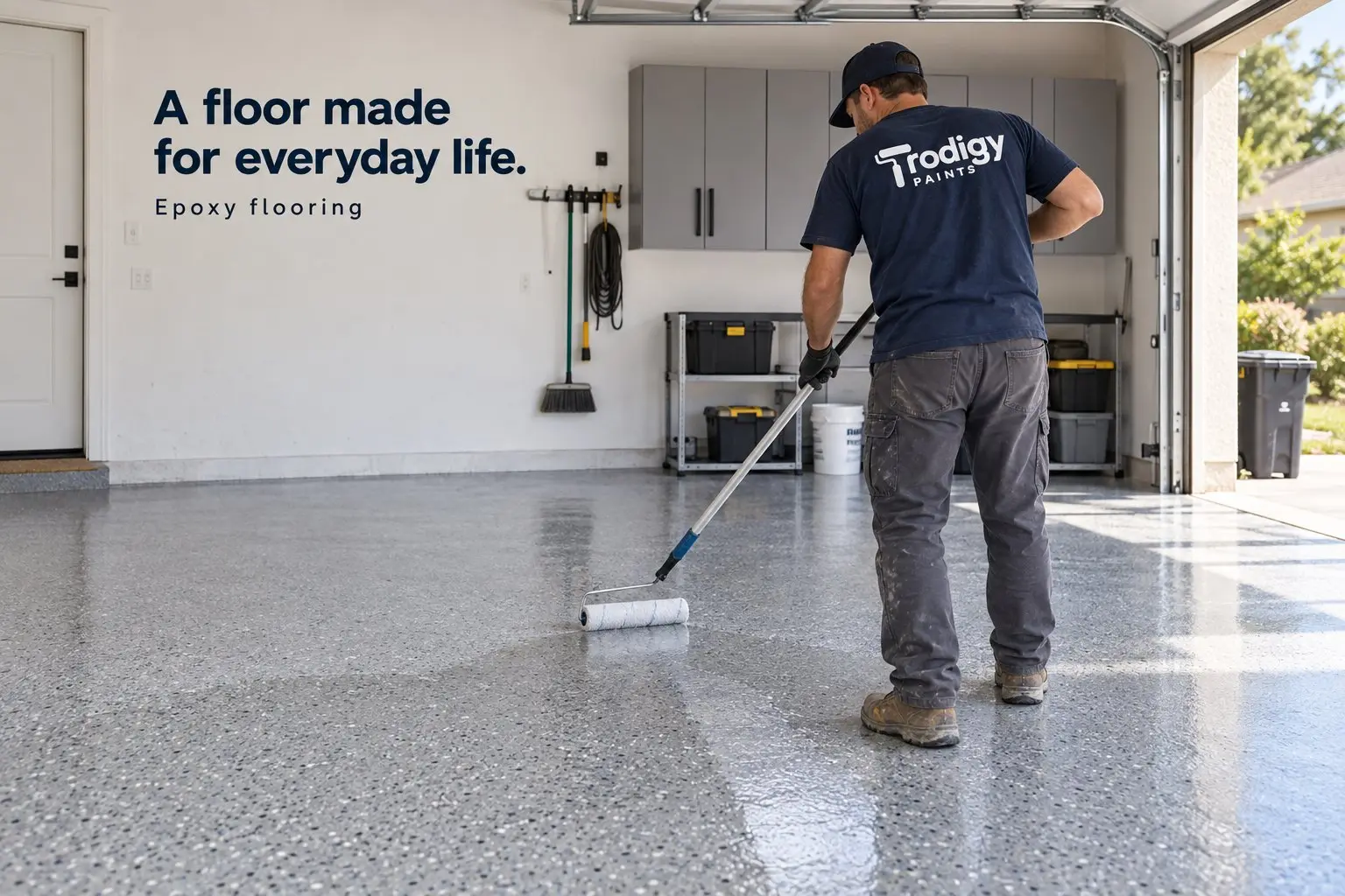 Prodigy Paints applying an epoxy coating to a garage floor