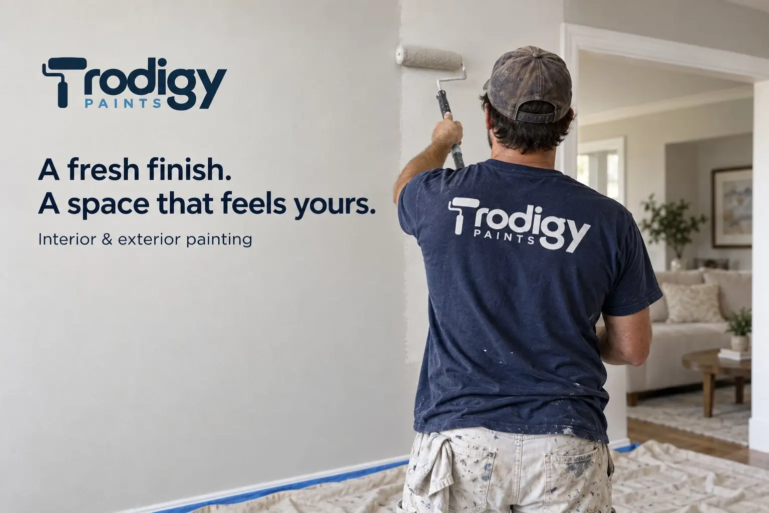 Prodigy Paints painter rolling a fresh coat on an interior wall