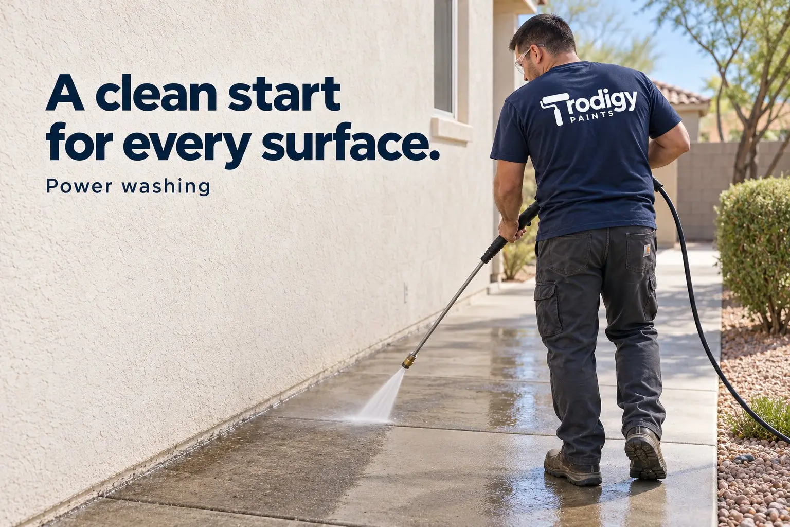 Prodigy Paints crew member power washing a stucco wall and walkway