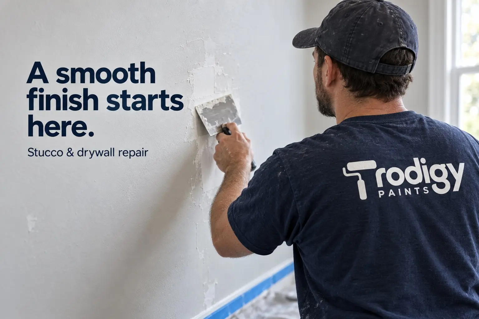 Prodigy Paints repairing and smoothing an interior wall